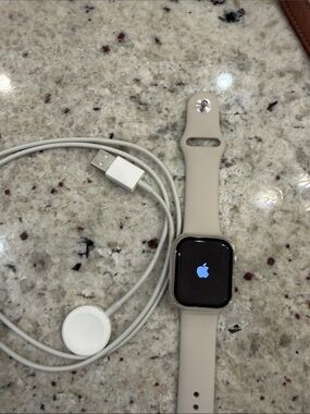 Apple Watch with Stone Silicone Band and White Charger